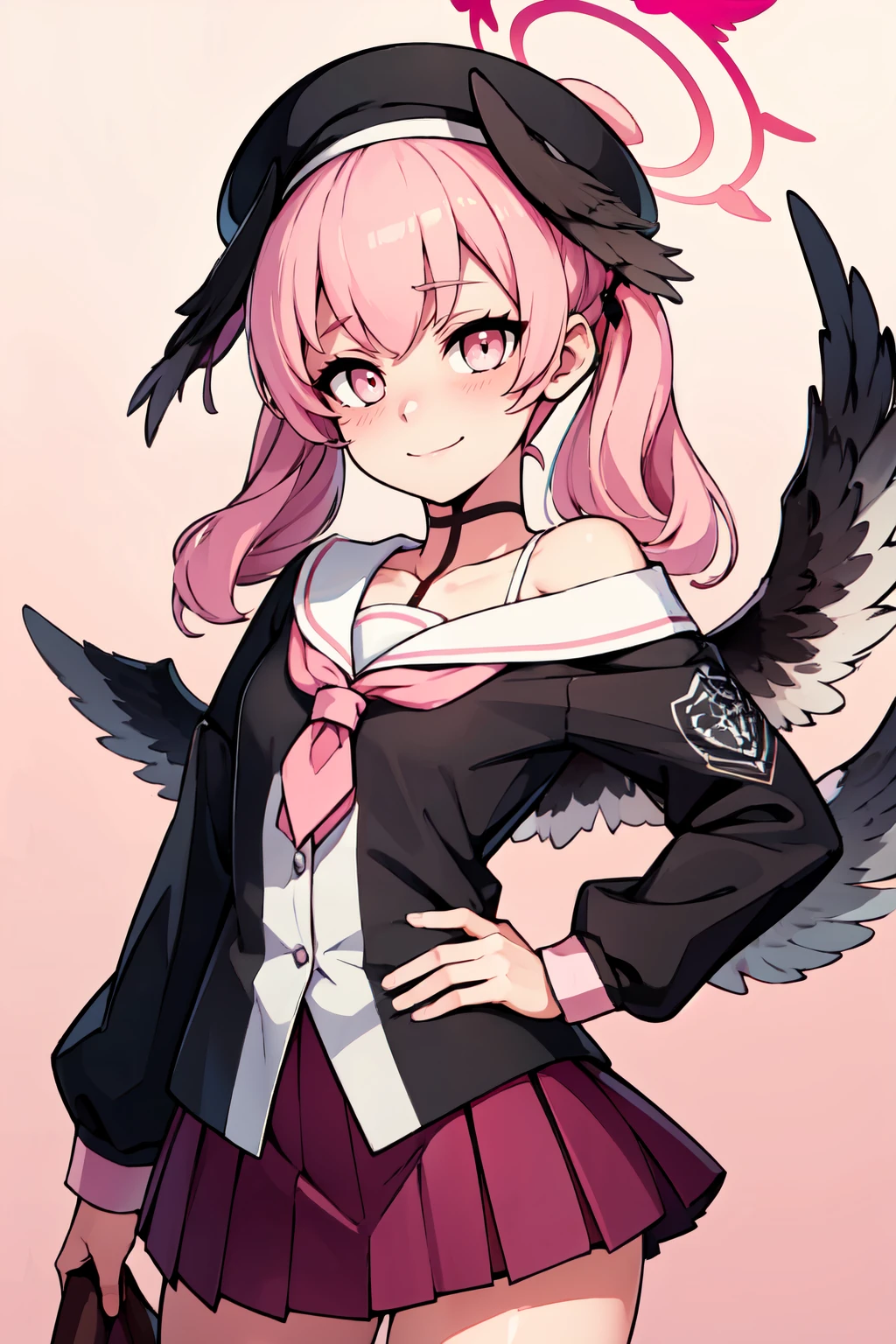 ((masterpiece,best quality)), absurdres,  BREAK, , <lora:Koharu_BlueArchive_Citron:0.8>, zzKoharu, pink hair, wings, head wings, black wings, twintails, feathered wings, halo, long hair, pink eyes, low wings, hat, black headwear, beret, pink halo black shirt, closed mouth, long sleeves, looking at viewer, pleated skirt, white sailor collar, cowboy shot, off shoulder, collarbone, pink neckerchief , BREAK, hip to the side, hand on hip, contrapposto,, BREAK, solo, smile, looking at viewer, cowboy shot,