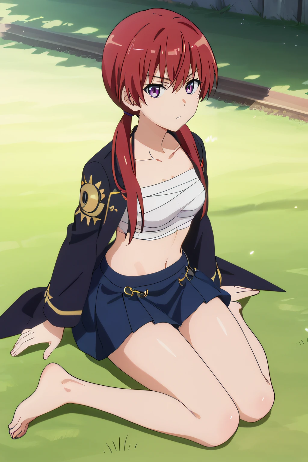 score_9, score_8_up, score_7_up, source_anime, rating_safe, intricate details, anime screencap, official style, 1girl, <lora:Musujime_Awaki:1>, awaki, red hair, low twintails, purple eyes, midriff, bandages, chest sarashi, dark jacket on shoulders, gakuran, blue skirt, miniskirt, thighs, looking at viewer, expressionless, outdoor, full body, sitting on grass, barefeet