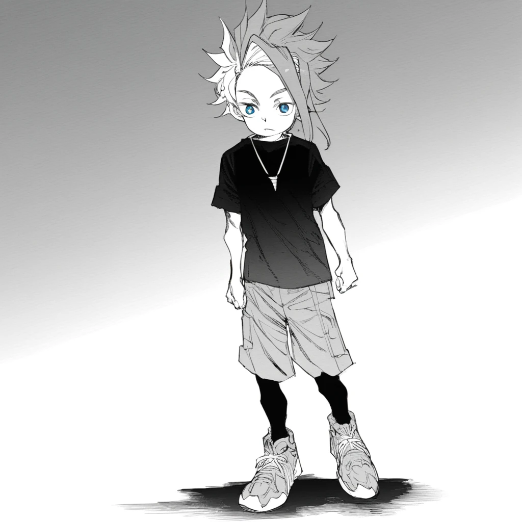 1boy,solo,ekusu,two-tone hair,blue hair,yellow hair,pale skin,blue eyes,short sleeves,necklace,black t-shirt,dark blue shorts,black leggings,sneakers,full body,manga,grayscale,monochrome