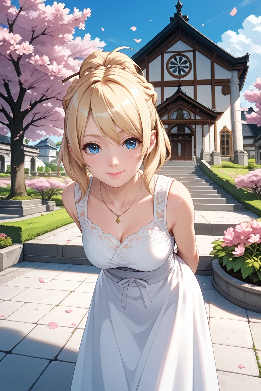 score_9, score_8_up, score_7_up,
<lora:FFLuna:0.8>
FFLuna, 1girl, blonde hair, blue eyes, looking at viewer, arms behind back, leaning forward, standing, outdoors, cherry blossoms, smile, garden, church