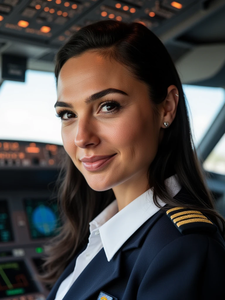 <lora:64164d0t_13F1D-000013:0.9>,(medium closeup) photograph of (beautiful 32 year old) (64164d0t:1.2) woman with dark hair,as an airline pilot,wearing a (panam airline pilot uniform:1.1),sitting at the controls in the (cockpit of a boeing 747:1.2),smiling, (face focus), face focus,(bokeh),facing viewer,rich details,clear shadows and highlights,realistic,highly detailed,sfw,(no visible cleavage),