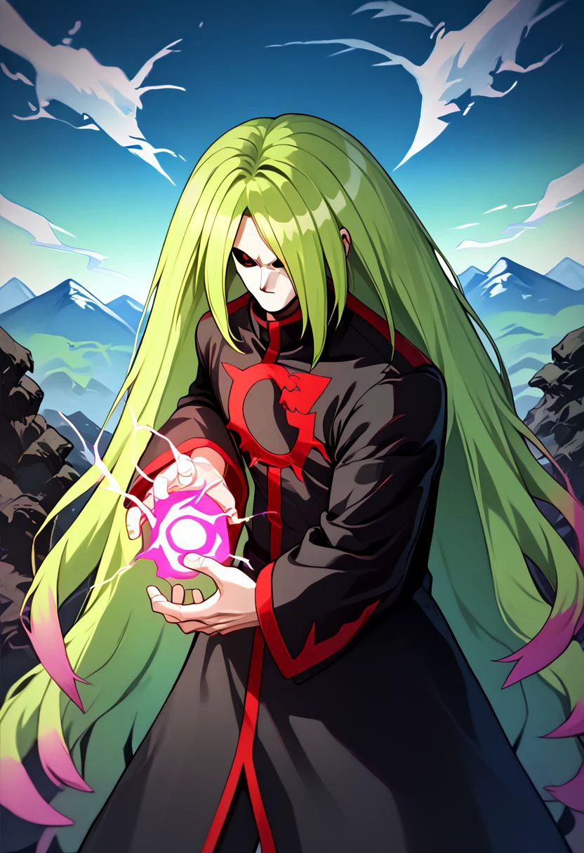 score_9, score_8_up, score_7_up, 1boy, male focus, solo, Shuryou, green hair, gradient hair, two-tone hair, long hair, very long hair, hair over one eye, black sclera, red eyes, black robe, emblem, looking at viewer, outdoors, mountains, no eyebrows, upper body, ((no mouth)) <lora:Gospel-Shuryou:1>  <lora:kamehameha charge stance:1> ((charge stance, kamehameha charge stance, energy ball, aura, electricity))