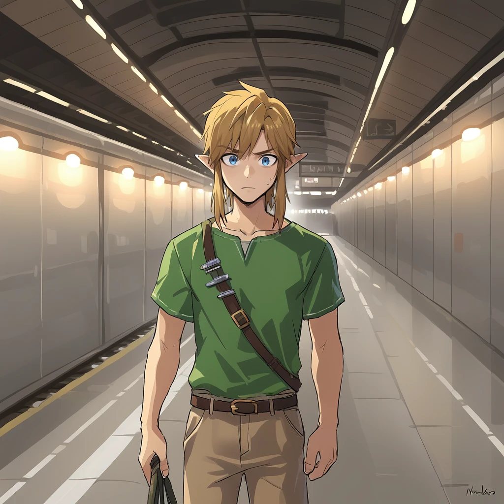 score_9, score_8_up, score_7_up, score_6_up, score_5_up, score_4_up, zPDXL2,source_anime,rating_questionable,1boy, link, khakis, green shirt, solo, tourist, confused, cowboy shot,   <lora:Subway_Station:0.8> sbw4y, indoors,railway tracks, lights, signs, shinkansen, bullet train