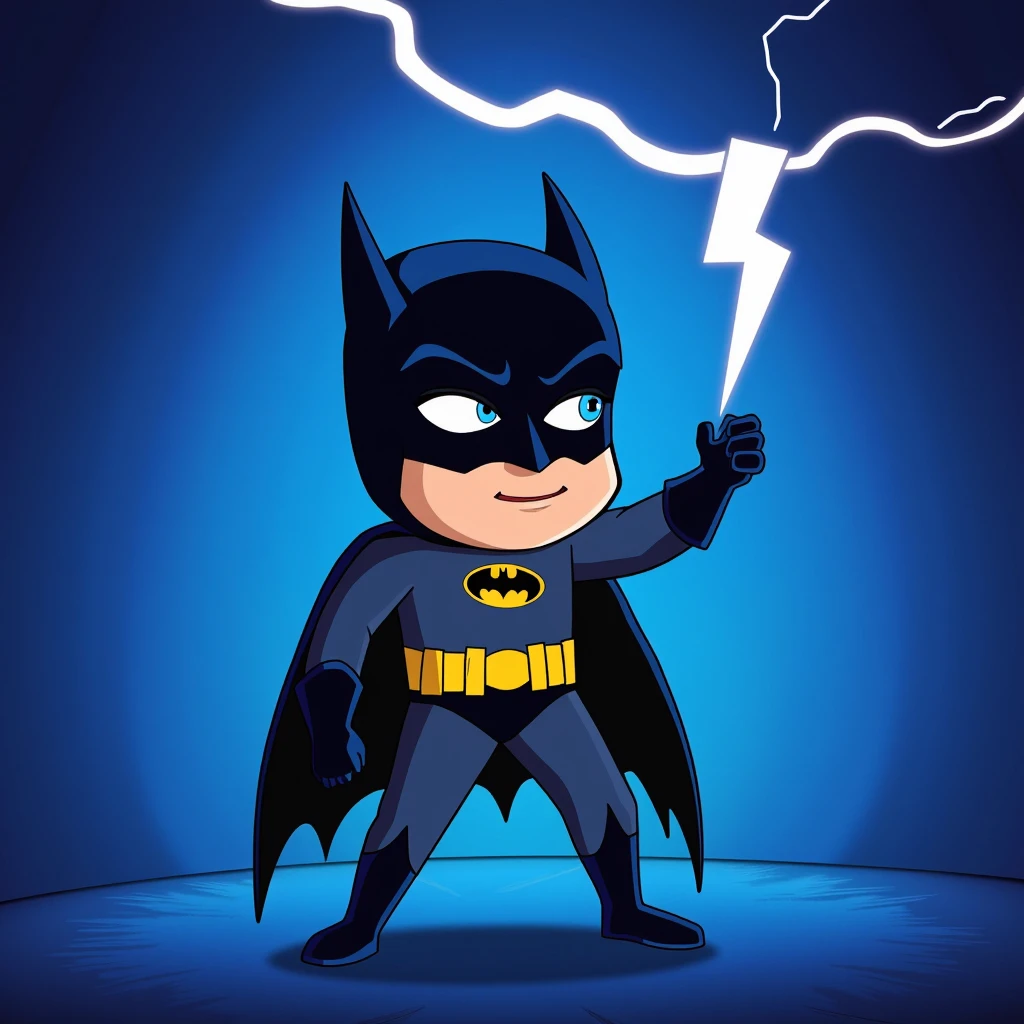 <lora:cartoon batman animated style v1:0.5>
Cartoon Batman a cartoon batman standing in front of a lightning bolt In Gotham City Universe, solo, blue eyes, 1boy, gloves, male focus, belt, cape, muscular, mask, bodysuit, clenched hands, black cape, superhero, western comics (style), standing, full body, boots, lightning