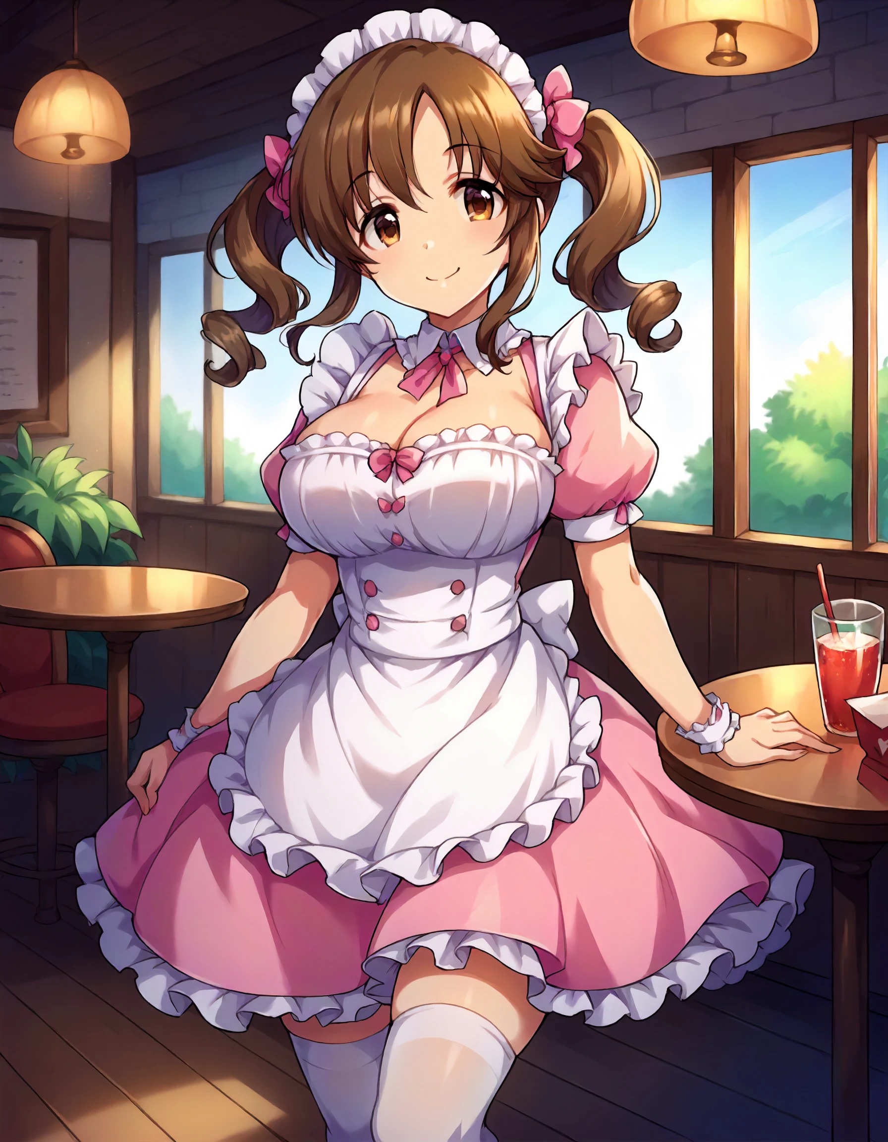 score_9,score_8_up,score_7_up,1girl,solo,cowboy shot,looking at viewer,smile,closed mouth,arms at sides,indoors,cafe,
<lora:totokiairi_ponyXLV6:0.8>,cgtta,
brown hair,twintails,wavy hair,brown eyes,large breasts,cleavage,
pink maid headdress,frilled pink dress,puffy short sleeves,white thighhighs