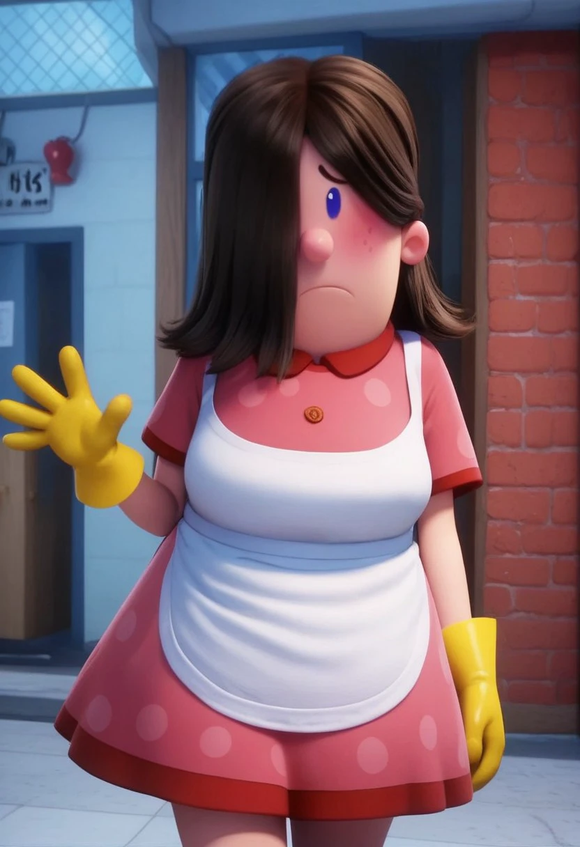 edith (captain underpants), 1girl, dark brown hair, hair over one eye, hair covering one eye, dot blue eyes, freckles, blush, pink polka dot dress, short sleeves, white apron, yellow dishwashing gloves, pink mary janes, white socks, plump, Expressiveh, shy, score_8_up, score_7_up, BREAK, 1girl, solo, looking at viewer, cute, walking, waving at viewer, female focus, looking at viewer, detailed background, 4k, masterpiece, best quality, highly detailed, realistic, 3d, full shot