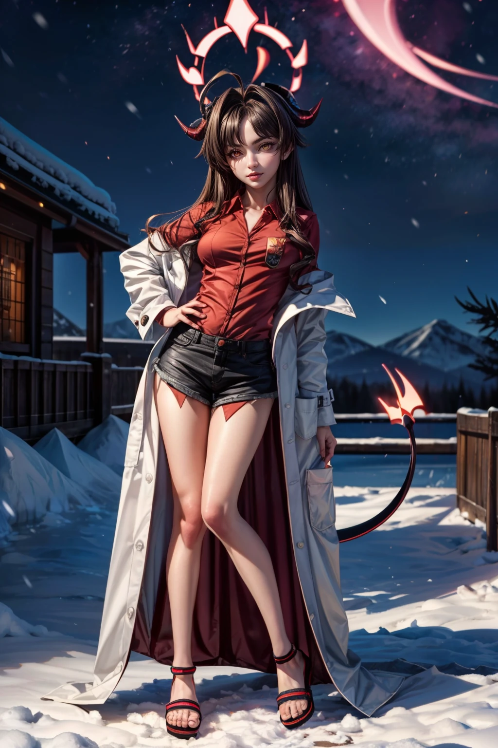 (ultra realistic,32k, masterpiece:1.2),(high detailed skin:1.1),( high quality:1.1), <lora:IllyasvielVonEinzbern_v1:0.7>, zzIllya, looking at viewer, night, outdoors, snowing, sky, BREAK,    <lora:Kasumi_BlueArchive_Citron:0.8>, zzKasumi, black hair, demon horns, long hair, ahoge, halo, black horns, red halo, tail, yellow eyes, demon tail, black tail, fang, black shorts, collared shirt, lab coat, sandals, shirt tucked in, white coat,   ,BREAK,  blooming stars, luminescent petals, otherworldly fragrance blurry background, (looking at viewer, standing:1.1), huge breast, large breast, <lora:add_detail:0.92>, (glowwave:1.1),