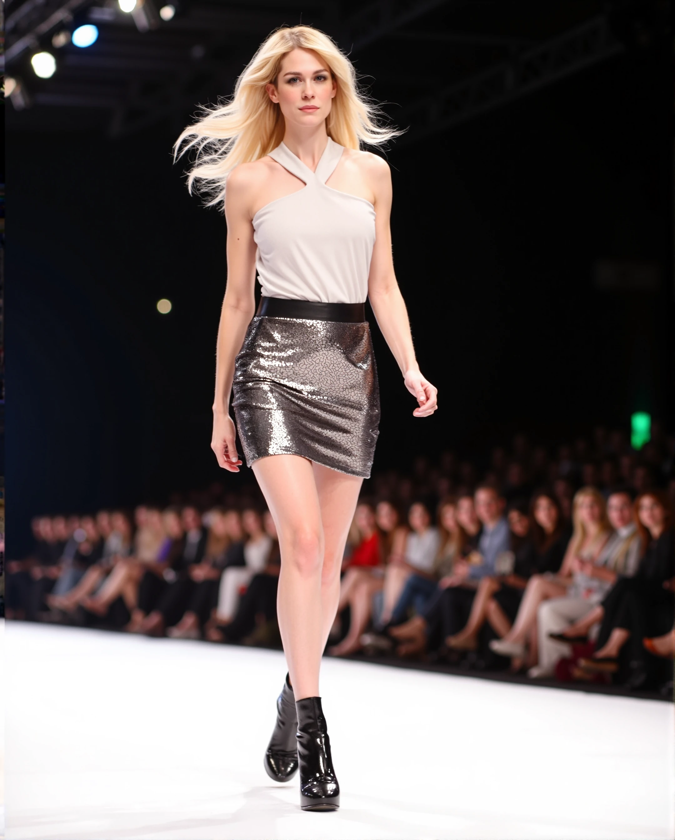 A fashion photograph of L3M01N3 on a catwalk, her long blonde hair flowing behind her as she struts with confidence and grace. The runway is illuminated with bright lights, highlighting her striking presence and the elegance of her outfit. The audience watches in awe as she glides down the catwalk, perfectly embodying the essence of high fashion. The scene is a stunning blend of poise and sophistication, capturing L3M01N3 in her element.<lora:flux\personas\Lemoine_Flux.safetensors:1.0:1.0>