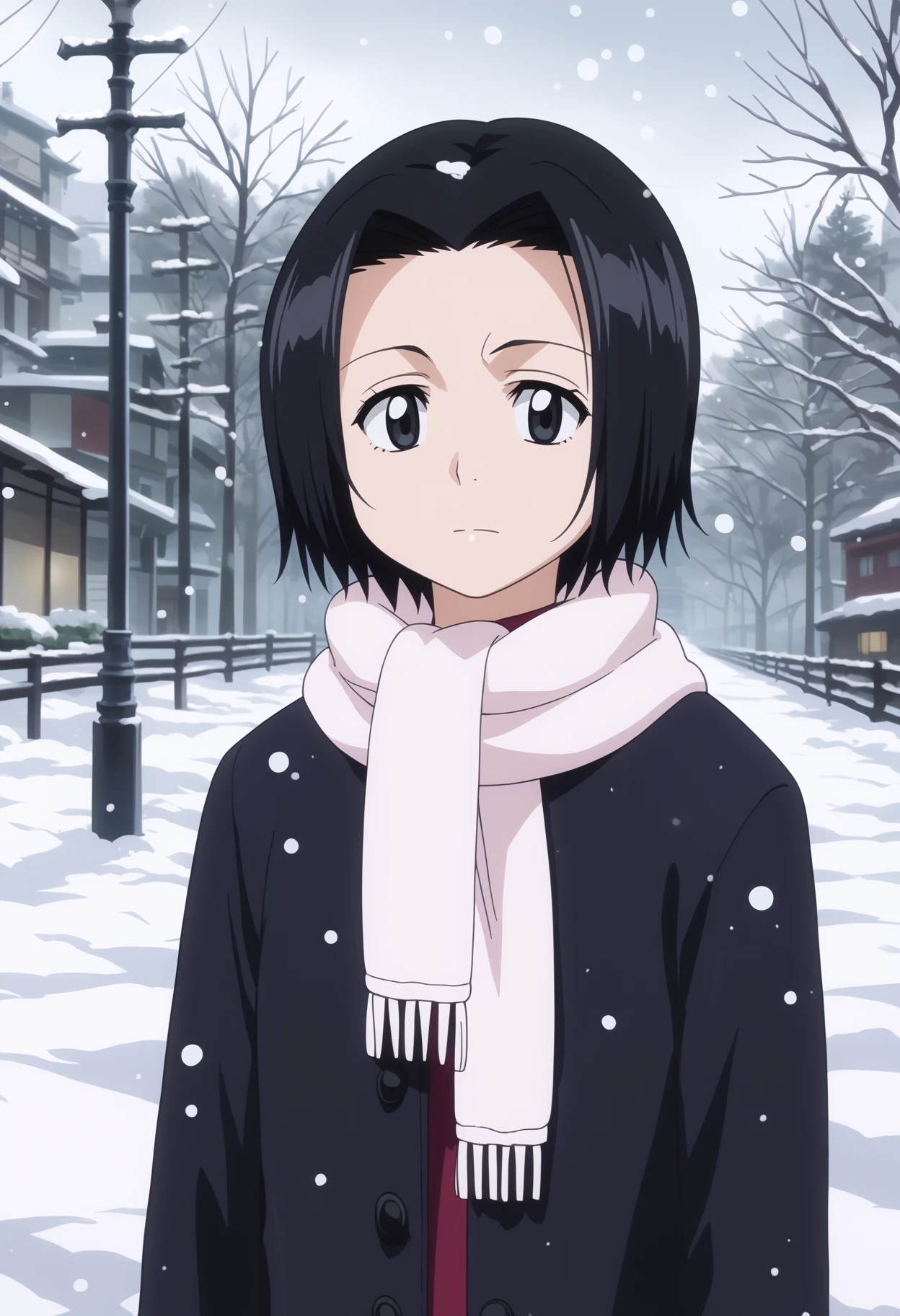 score_9, score_8_up, score_7_up, anime screencap, BREAK
1girl, karinkurosaki, black eyes, black hair, short hair,
winter clothes, white scarf, coat,
expressionless, looking at viewer, outdoors, snow, snowing, solo, tree, winter   <lora:KarinKurosakiTeenPDXL_byKonan:1>