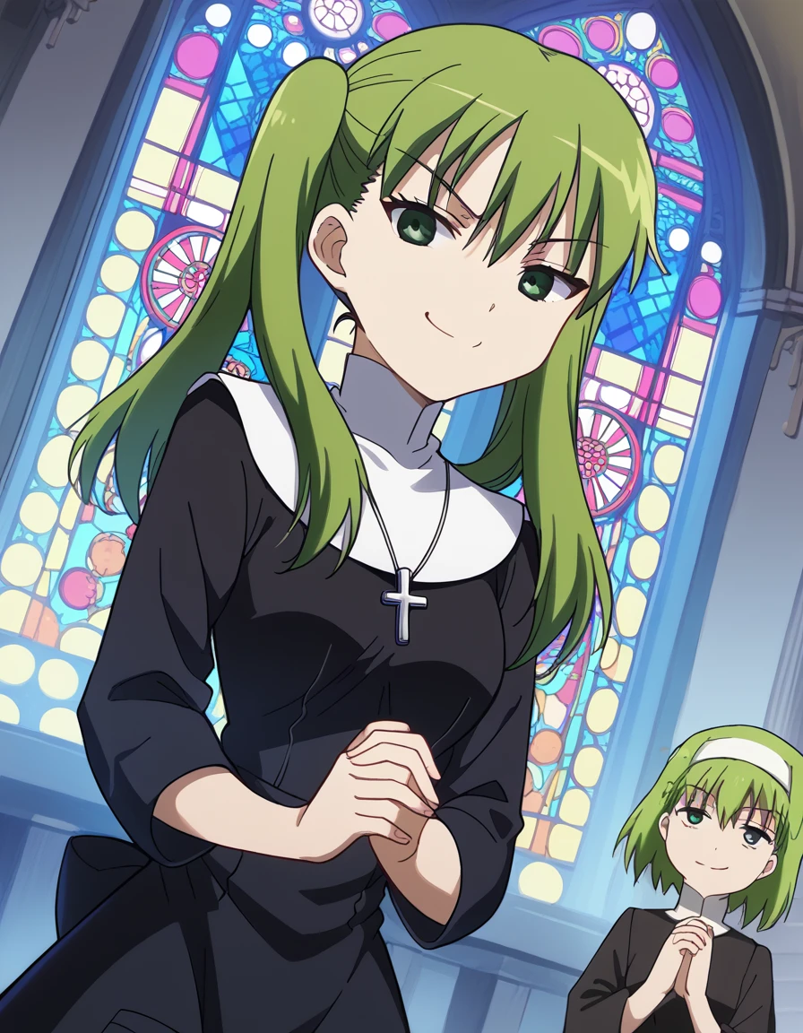 score_9, score_8_up, score_7_up, source_anime, <lora:carnivalphantasm-chikagi-katsuragi-ova-ponyxl-lora-nochekaiser:1>, chikagi katsuragi, long hair, twintails, green eyes, green hair, bangs, medium breasts, <lora:traditional-nun-ponyxl-lora-nochekaiser:1>, traditional nun, nun, habit, long sleeves, dress, black dress, jewelry, black veil, cross, cross necklace,, church, smug, praying,, , dutch angle, cowboy shot