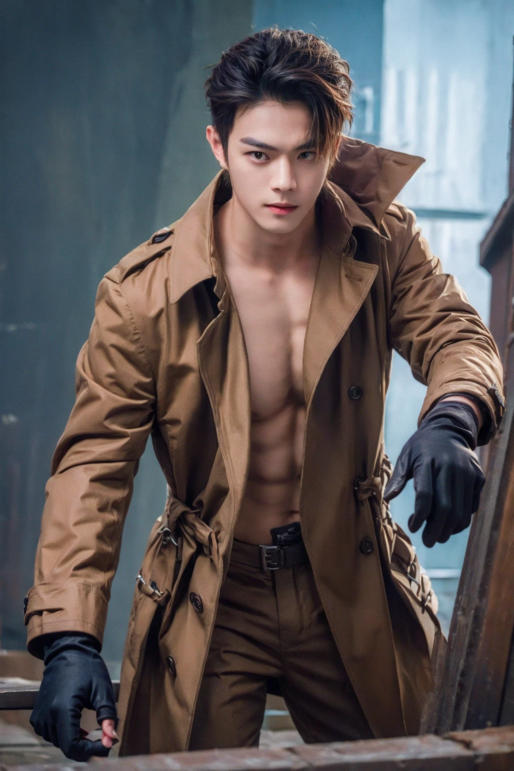 1boy, male focus, vibrant color, muted colors, dim colors, soothing tones, in a trench brown coat, shirtless, and gloves, detailed face, action pose, dynamic shot, view from top, battle field
<lora:add_detail:1>, <lora:AsianMan004-000009:0.9>,