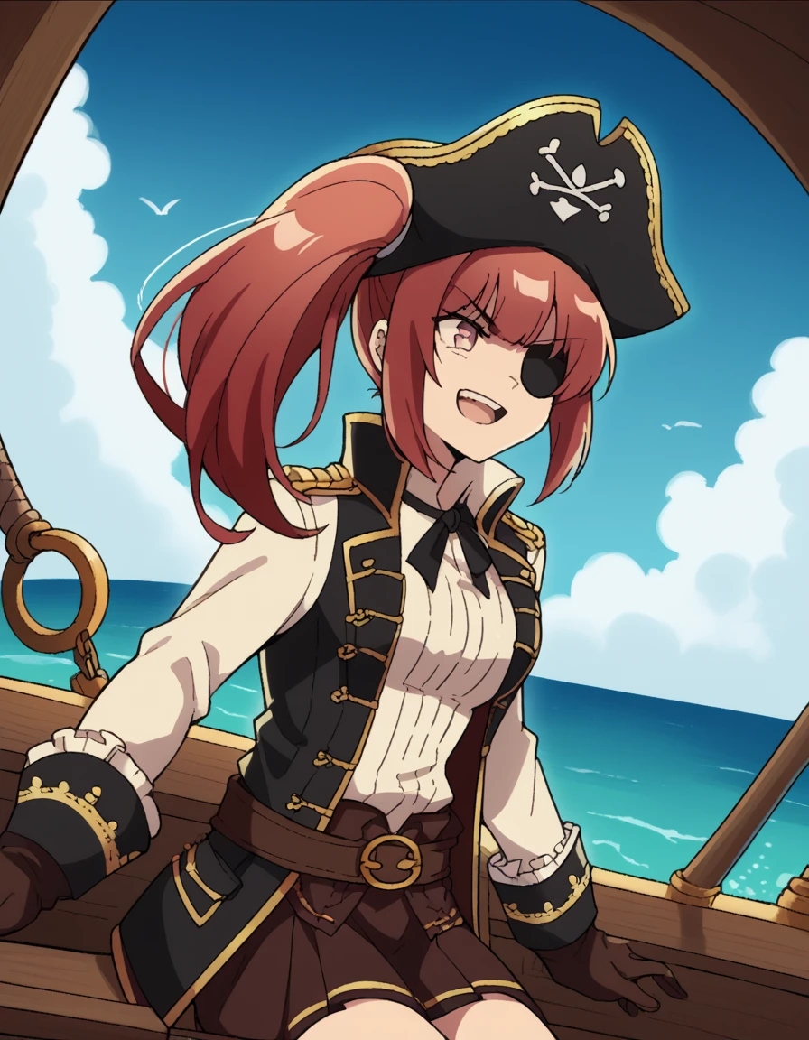 score_9, score_8_up, score_7_up, source_anime, <lora:chastille-lillqvist-s1-ponyxl-lora-nochekaiser:1>, chastille lillqvist, long hair, red hair, side ponytail, pink eyes, medium breasts,, <lora:pirate-costume-ponyxl-lora-nochekaiser:1>, pirate costume, pirate hat, skirt, gloves, jacket, shirt, eyepatch,, blue sky, sea, ocean, pirate ship, treasure, gold, smug, open mouth, from below, sitting,, , dutch angle, cowboy shot