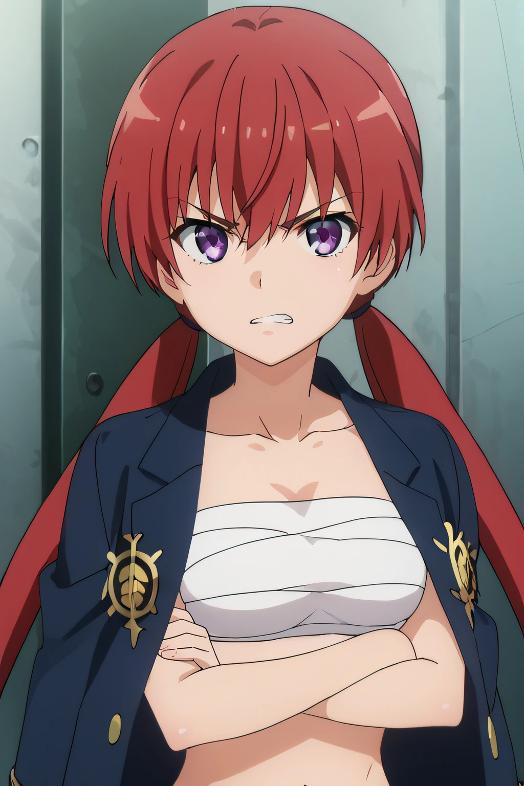 score_9, score_8_up, score_7_up, source_anime, rating_safe, intricate details, anime screencap, official style, 1girl, <lora:Musujime_Awaki:1>, awaki, red hair, low twintails, purple eyes, midriff, bandages, chest sarashi, dark jacket on shoulders, gakuran, looking at viewer, angry, clenched teeth, crossed arms, upper body