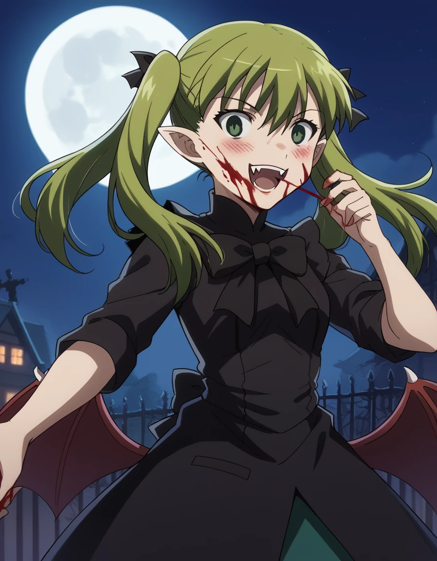 score_9, score_8_up, score_7_up, source_anime, <lora:carnivalphantasm-chikagi-katsuragi-ova-ponyxl-lora-nochekaiser:1>, chikagi katsuragi, long hair, twintails, green eyes, green hair, bangs, medium breasts, <lora:vampire-ponyxl-lora-nochekaiser:1>, vampire, red eyes, pointy ears, fangs, black dress, wings, blood, blood on face, blood on mouth, bat (animal), halloween, halloween costume, upper teeth only, night, moon, blush, smile, open mouth, , dutch angle, cowboy shot