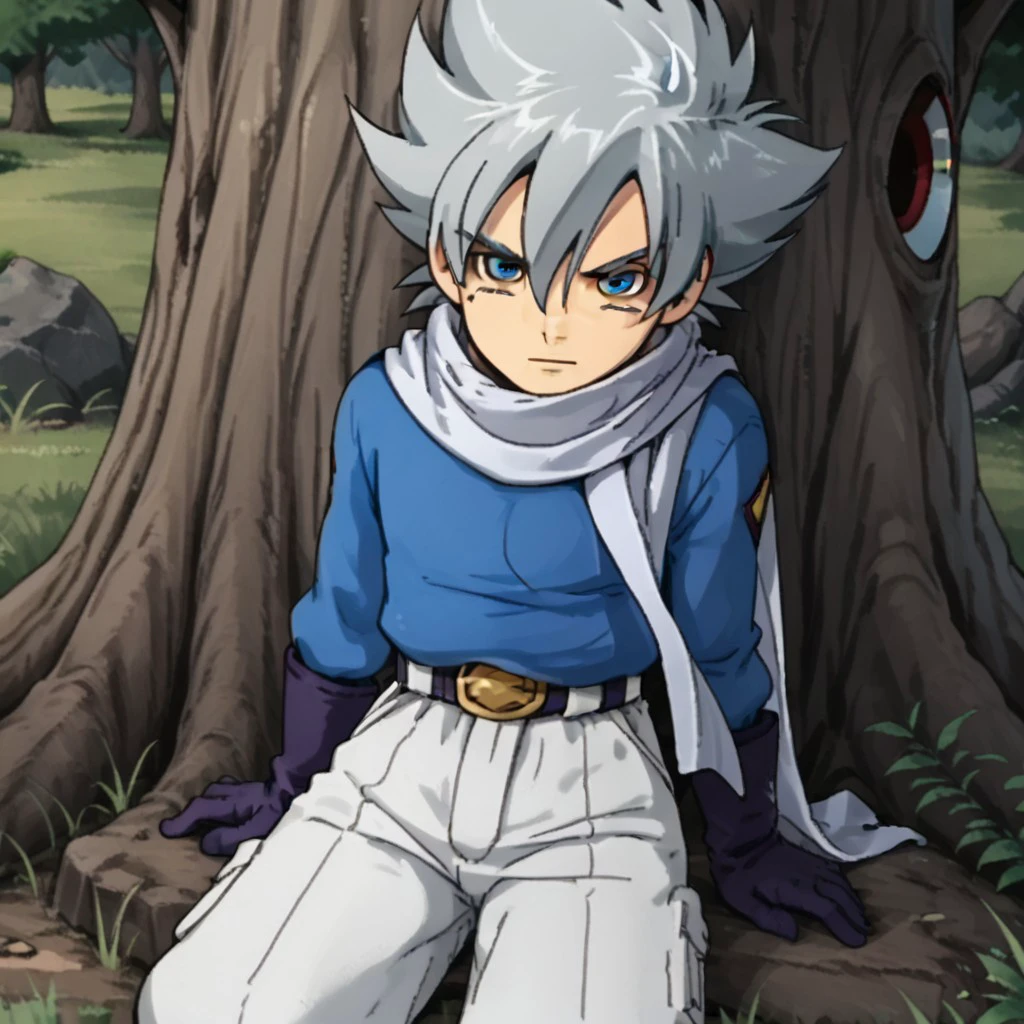 score_9, score_8, score_7, break, zergei_a, 1boy, spiked hair, grey hair, scarf, blue eyes, gloves, shirt, pants, belt, sitting, looking at viewer, tree, grass