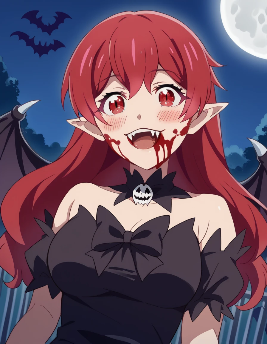 score_9, score_8_up, score_7_up, source_anime, <lora:natsumi-oohashi-s1-ponyxl-lora-nochekaiser:1>, natsumi oohashi, long hair, red eyes, red hair, large breasts,, <lora:vampire-ponyxl-lora-nochekaiser:1>, vampire, red eyes, pointy ears, fangs, black dress, wings, blood, blood on face, blood on mouth, bat (animal), halloween, halloween costume, upper teeth only, night, moon, blush, smile, open mouth, , dutch angle, cowboy shot