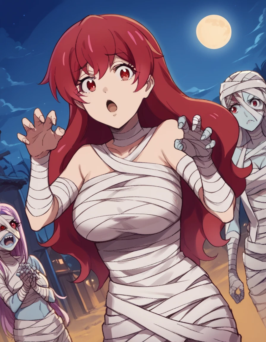 score_9, score_8_up, score_7_up, source_anime, <lora:natsumi-oohashi-s1-ponyxl-lora-nochekaiser:1>, natsumi oohashi, long hair, red eyes, red hair, large breasts,, <lora:mummy-costume-ponyxl-lora-nochekaiser:1>, mummy costume, bandages, halloween costume, bandaged arm, zombie pose, bandage on face,, desert, moon, night, open mouth, , dutch angle, cowboy shot