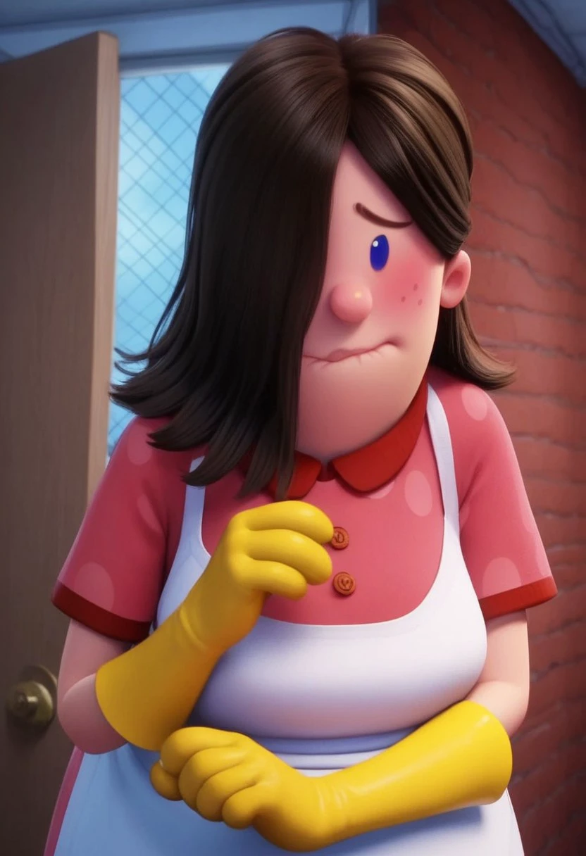 edith (captain underpants), 1girl, dark brown hair, hair over one eye, hair covering one eye, dot blue eyes, freckles, blush, pink polka dot dress, short sleeves, white apron, yellow dishwashing gloves, pink mary janes, white socks, plump, Expressiveh, shy, score_8_up, score_7_up, BREAK, 1girl, solo, closeup, smirk, biting lips, realistic, 3d,