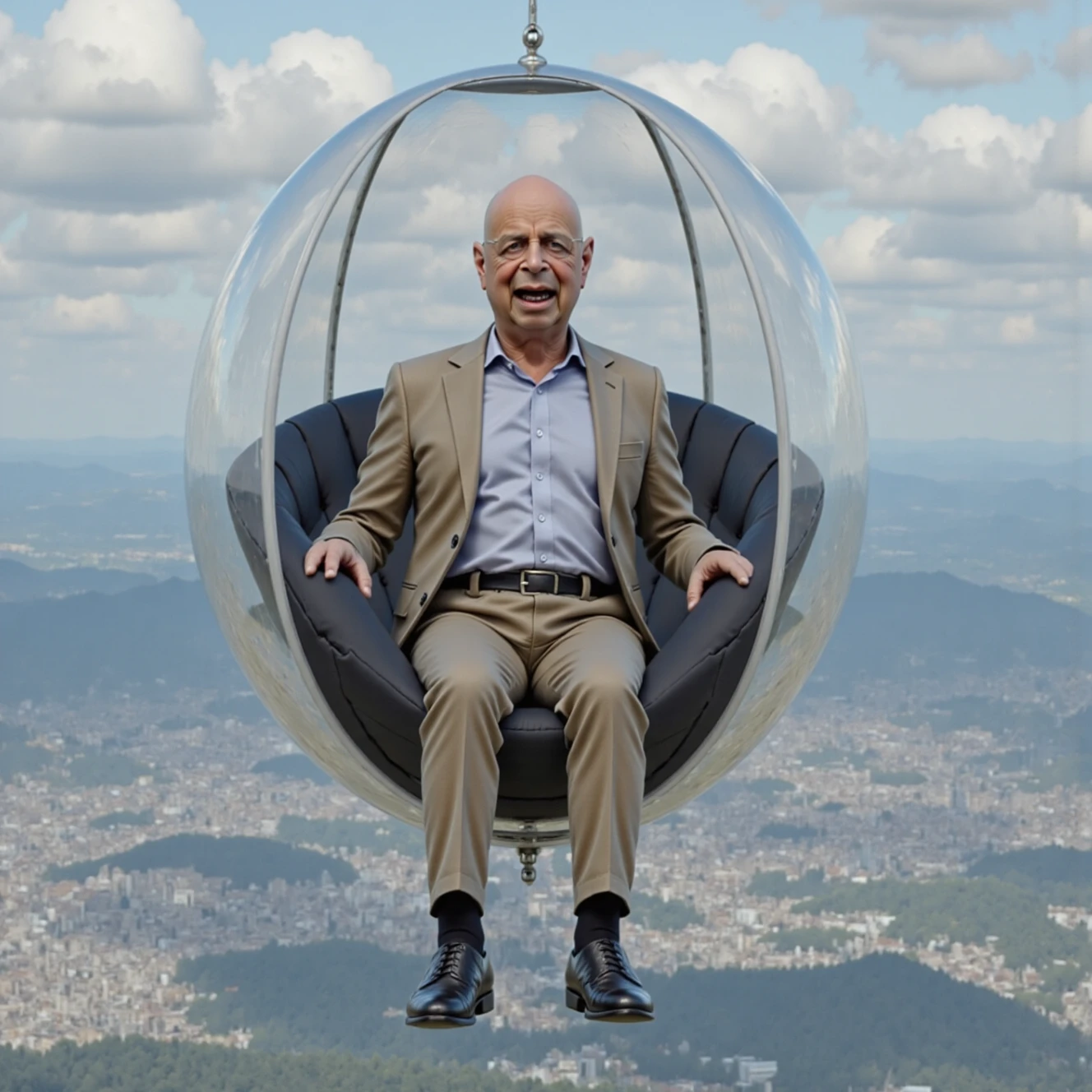 (((wide angle photo))) of  <lora:klaus.FLUX:1.4> an old man who is bald, klaus is leaning forward in his pilot seat within a giant transparent eyeball airship flying through the clouds high above the city below. it is tight inside the airship, so his knees are bent up to his chest and he has an evil grin, constricted pupils, glowing eyes.<lora:flux-colourful:1> <lora:gesugao.FLUX:1> gesugao