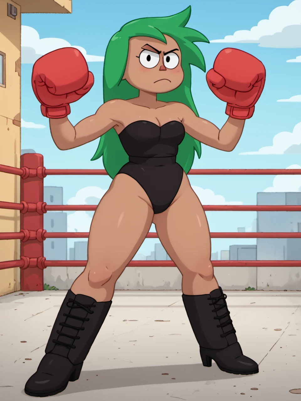score_9, score_8_up, score_7_up, score_6_up, BREAK, P0nchingJ0dy, 1girl, solo, long hair, green hair, dark-skinned female, boxing gloves, frown, red gloves, black leotard, black footwear, high heel boots, looking at viewer<lora:Punching Judy-000009:1>