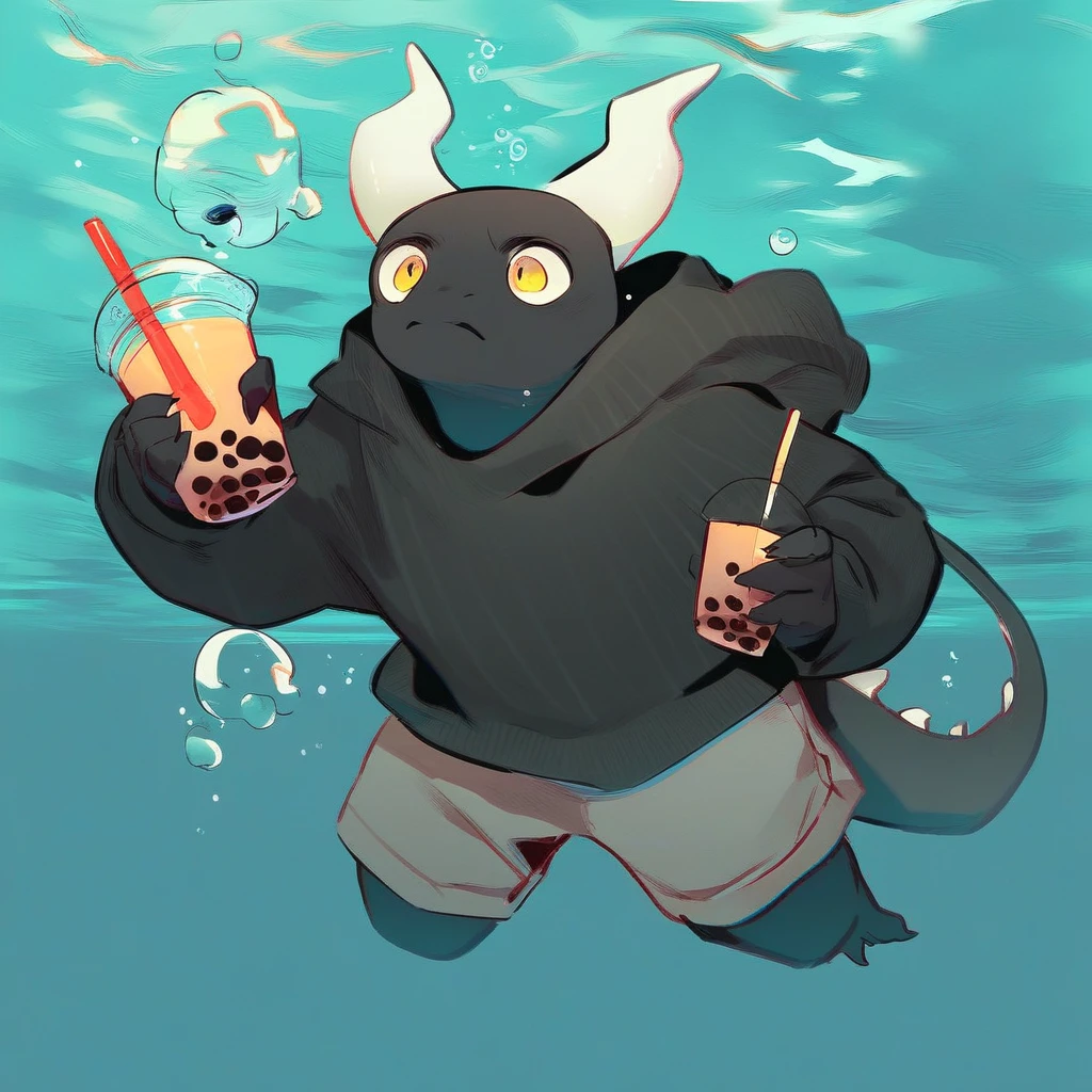 score_9_up, score_8_up, score_7_up, source_furry. mikus-concept, parody, underwater, swimming, album parody, nirvana nevermind, black dragon, black body, white horns, yellow eyes, holding, bubble tea, black sweater, gray shorts,