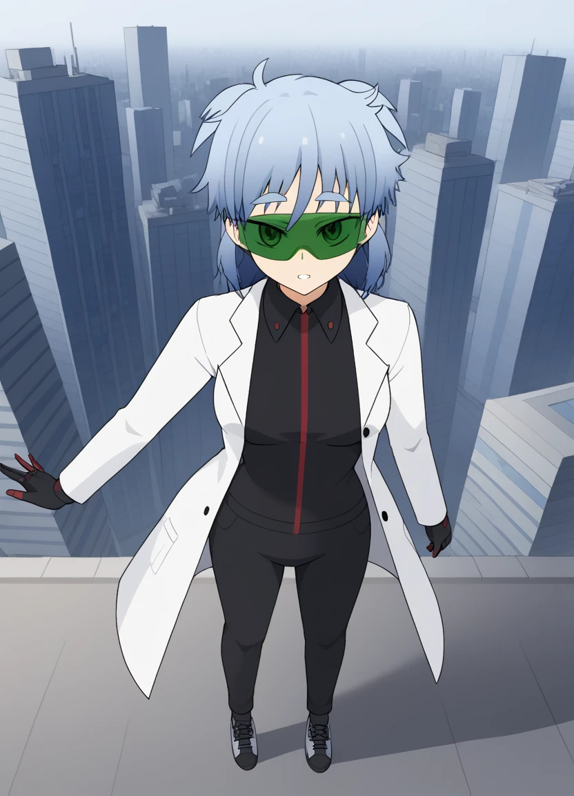 score_9, source_anime, full body, from above, jennygamerfox, human, female, 1girl, solo, blue hair, visor, lab coat, jacket, pants, black shirt, shoes , dynamic pose, outdoors, city <lora:jenny_gamerfox_oc:0.85>