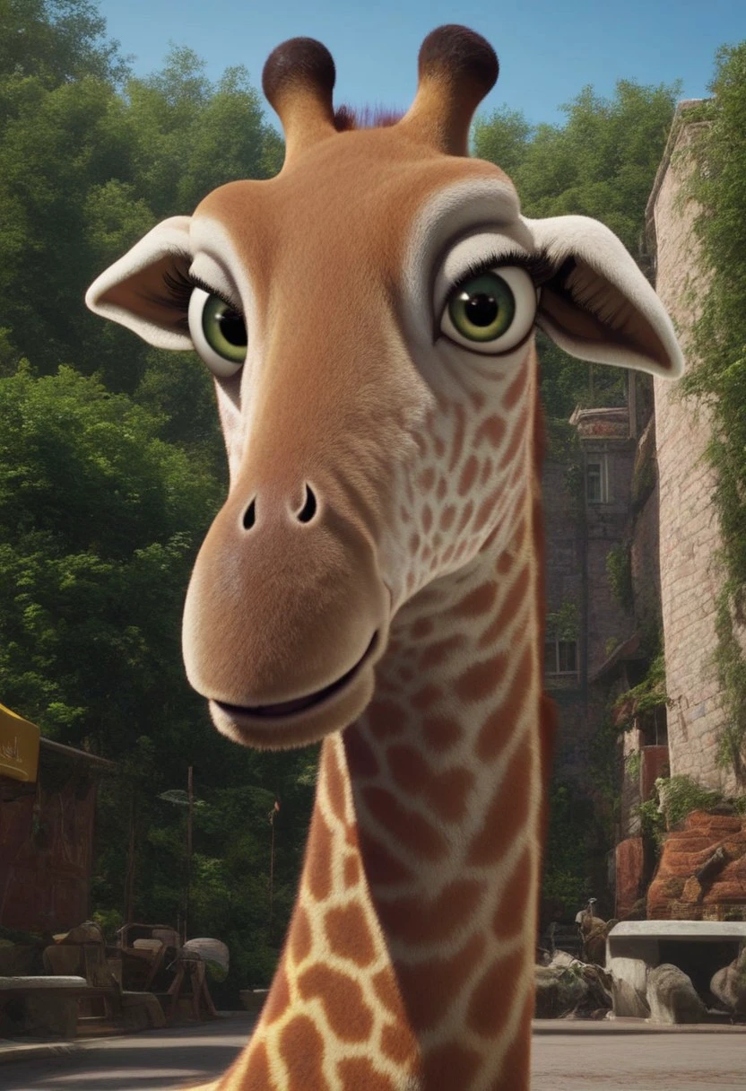 bridget (the wild), 1girl, female giraffe, feral, two-toned fur, cream fur, orange spots, green eyes, eyelashes, long neck, score_9_up, score_8_up, score_7_up, looking at viewer, smug, ultra detailed, detailed background, zoo park background, masterpiece, best quality, 8k, realistic, 3d, portrait, full shot