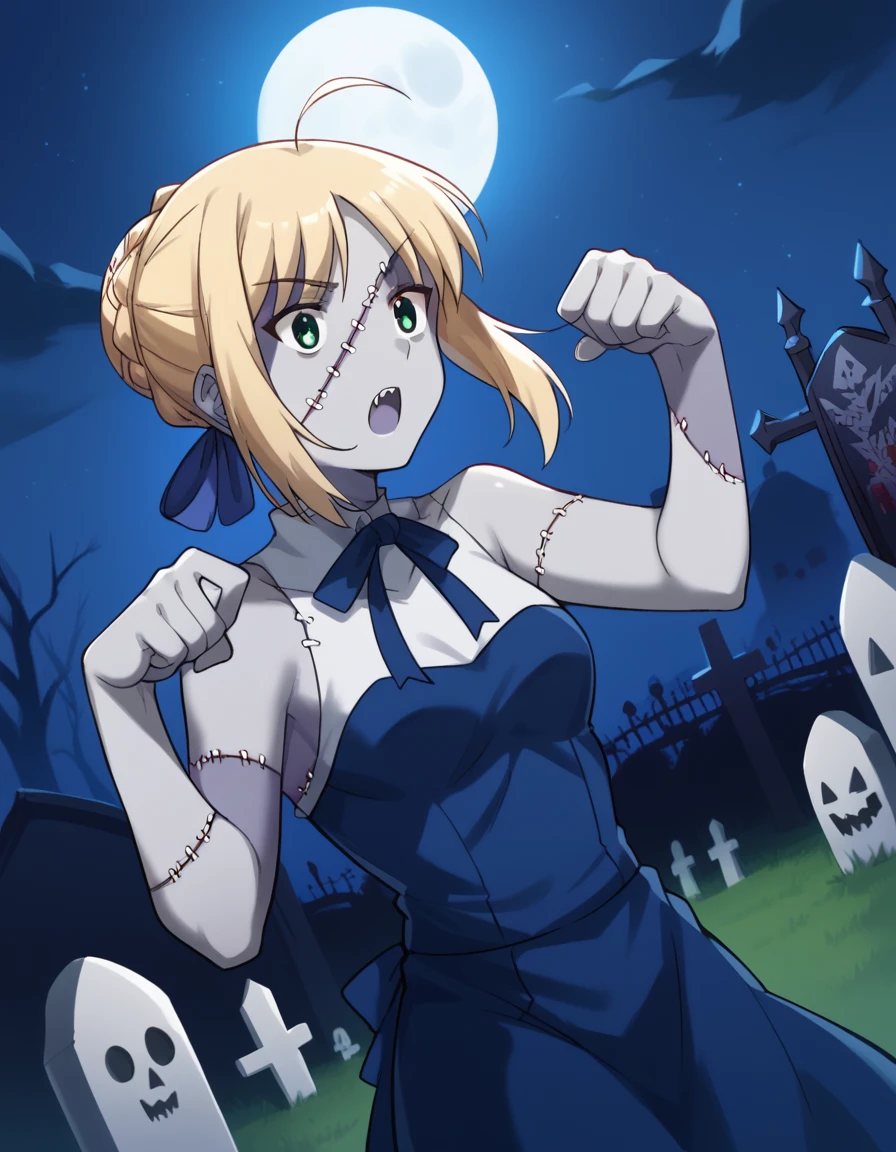 score_9, score_8_up, score_7_up, source_anime, <lora:carnivalphantasm-arthoria-pendragon-ova-ponyxl-lora-nochekaiser:1>, arthoria pendragon, artoria pendragon (fate), saber, blonde hair, green eyes, ahoge, sidelocks, hair bun, single hair bun, braid, french braid, medium breasts,, <lora:zombie-ponyxl-lora-nochekaiser:1>, zombie, colored skin, stitches, grey skin, multicolored skin, stitched face, zombie pose, halloween, halloween costume,, night, moon, graveyard, tombstone, grave, open mouth, , dutch angle, cowboy shot