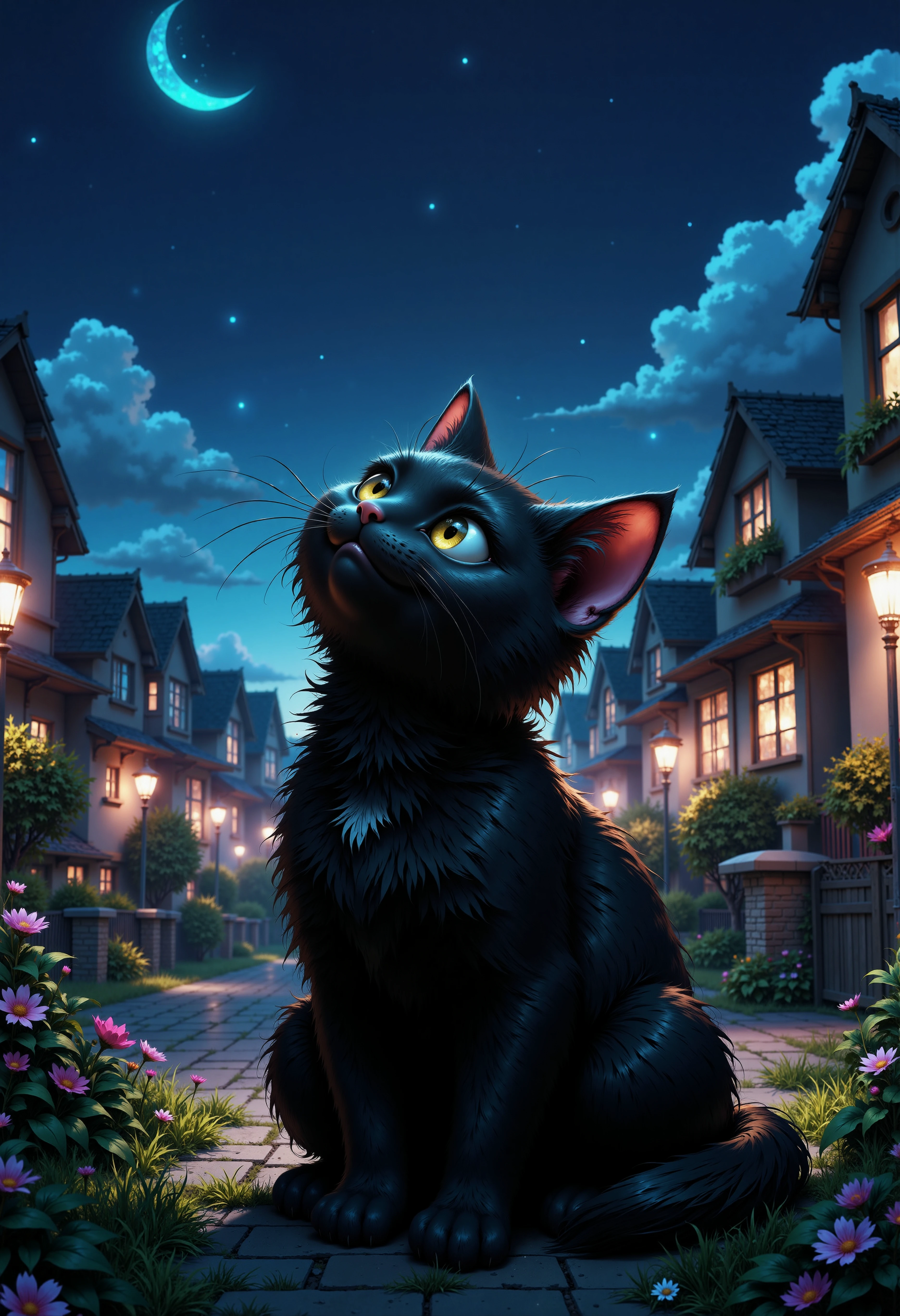 MysticAnimation. A professional anime image of a cute black cat smiling up at the night sky in a suburban neighborhood