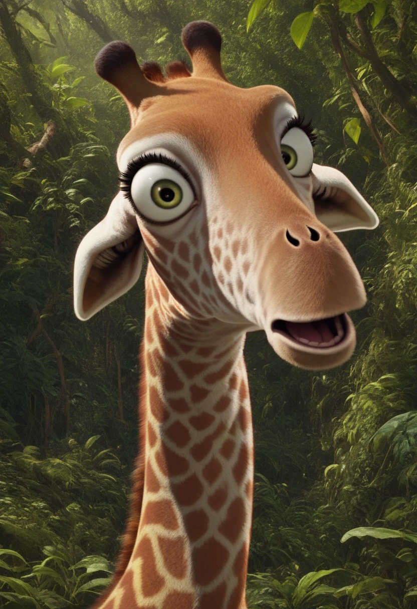 bridget (the wild), 1girl, female giraffe, feral, two-toned fur, cream fur, orange spots, green eyes, eyelashes, long neck, score_9_up, score_8_up, score_7_up, looking at viewer, fear, opened mouth, wide eyed, ultra detailed, detailed background, jungle background, masterpiece, best quality, 8k, realistic, 3d, portrait, full shot