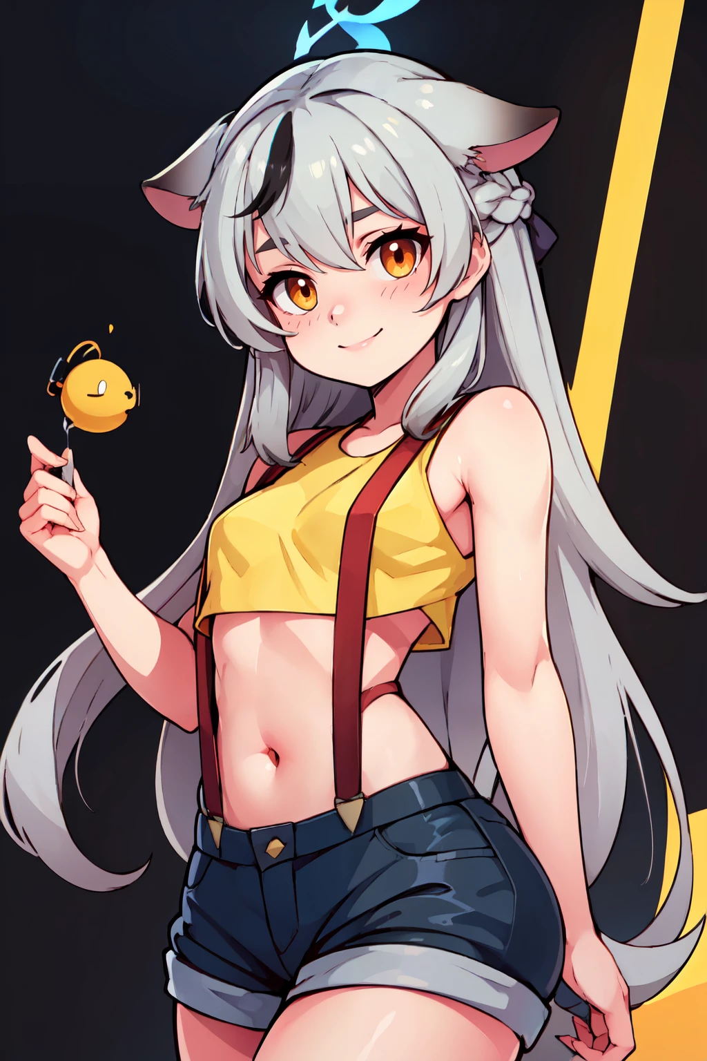 ((masterpiece,best quality)), absurdres, BREAK, , <lora:Kokona_BlueArchive_Citron:0.8>, , zzKokona, grey hair, long hair, multicolored hair, streaked hair, black hair, halo, very long hair, brown eyes, orange eyes, BREAK, <lora:Misty_Pokemon_Cosplay_v3:0.8>, misty (pokemon) (cosplay), yellow crop top, suspenders,, BREAK, solo, smile, looking at viewer, cowboy shot,