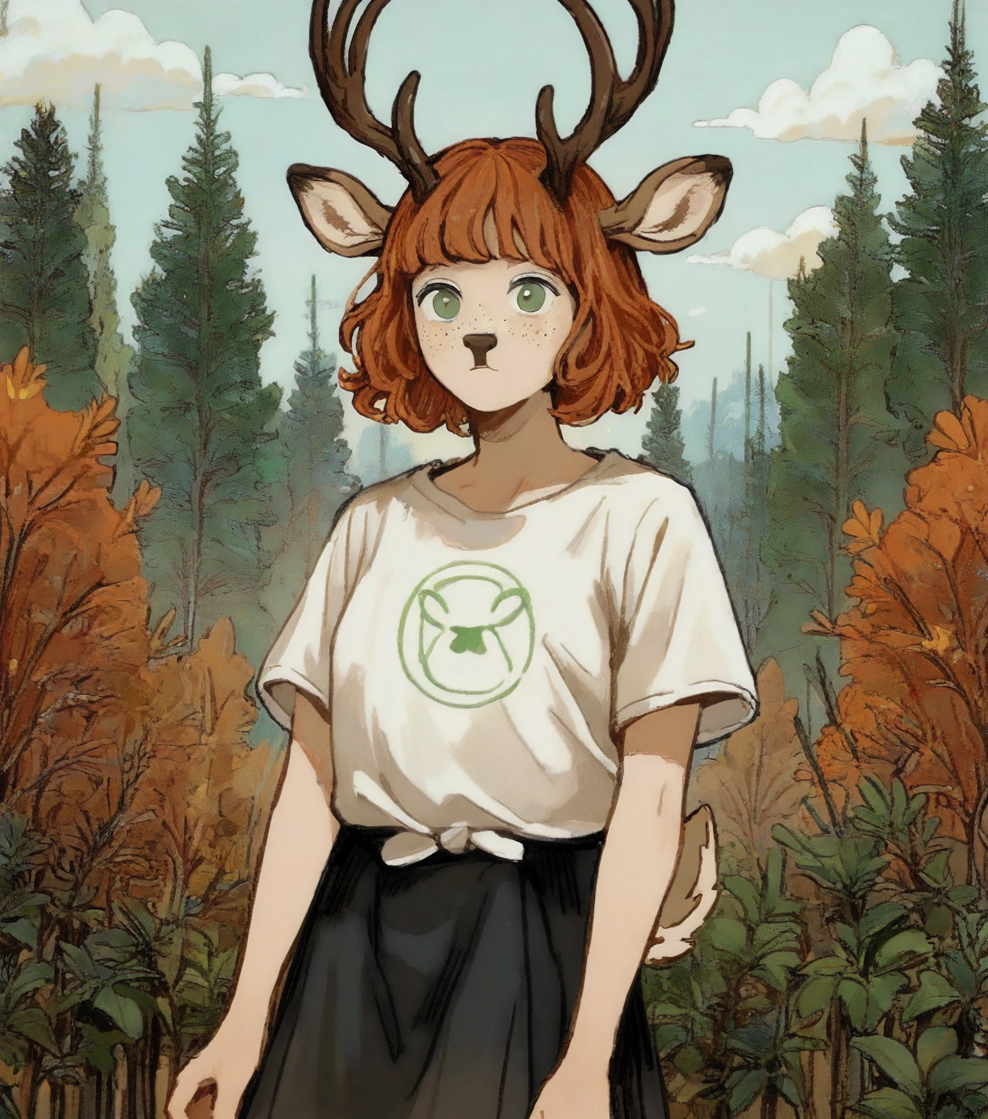 score_9, score_8_up, score_7_up,
solo, deer girl, green eyes, bob hair, ginger hair, deer horns,
moles, freckles, dot nose,
white t-shirt, black skirt,
outdoors, autumn,

