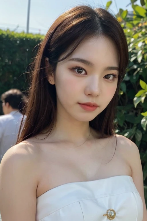 masterpiece, best quality, ultra-detailed, ultra high res, (photorealistic:1.4), raw photo, (realistic:0.2), 8k HDR, realistic cool temperature lighting, (asian:0.2), 1girl, solo, asymmetrical hair, outdoor, day, (simple background:1.2), bokeh, (detailed lips), (detailed pores), (detailed skin textures with pinkish tinge), (detailed face:1.2), (upper body:1.2), a woman in a white strapless tube dress, promotional image, a character portrait,