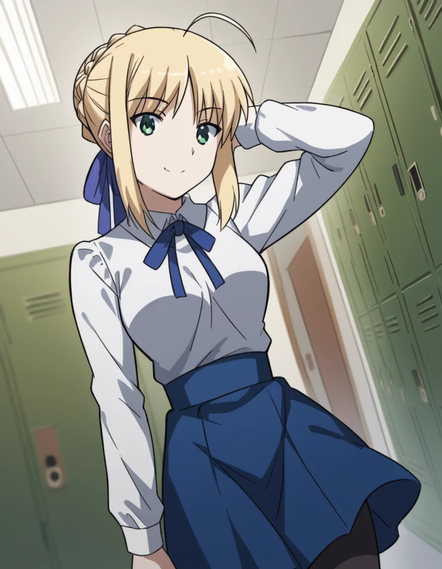 score_9, score_8_up, score_7_up, source_anime, <lora:carnivalphantasm-arthoria-pendragon-ova-ponyxl-lora-nochekaiser:1>, arthoria pendragon, artoria pendragon (fate), saber, blonde hair, green eyes, ahoge, sidelocks, hair bun, single hair bun, braid, french braid, medium breasts,, skirt, shirt, long sleeves, ribbon, hair ribbon, white shirt, pantyhose, blue skirt, black pantyhose, neck ribbon, blue ribbon, blouse,, school hallway, lockers, between classes, everyday life, smile, looking at viewer, hand behind head, , solo,, dutch angle, cowboy shot