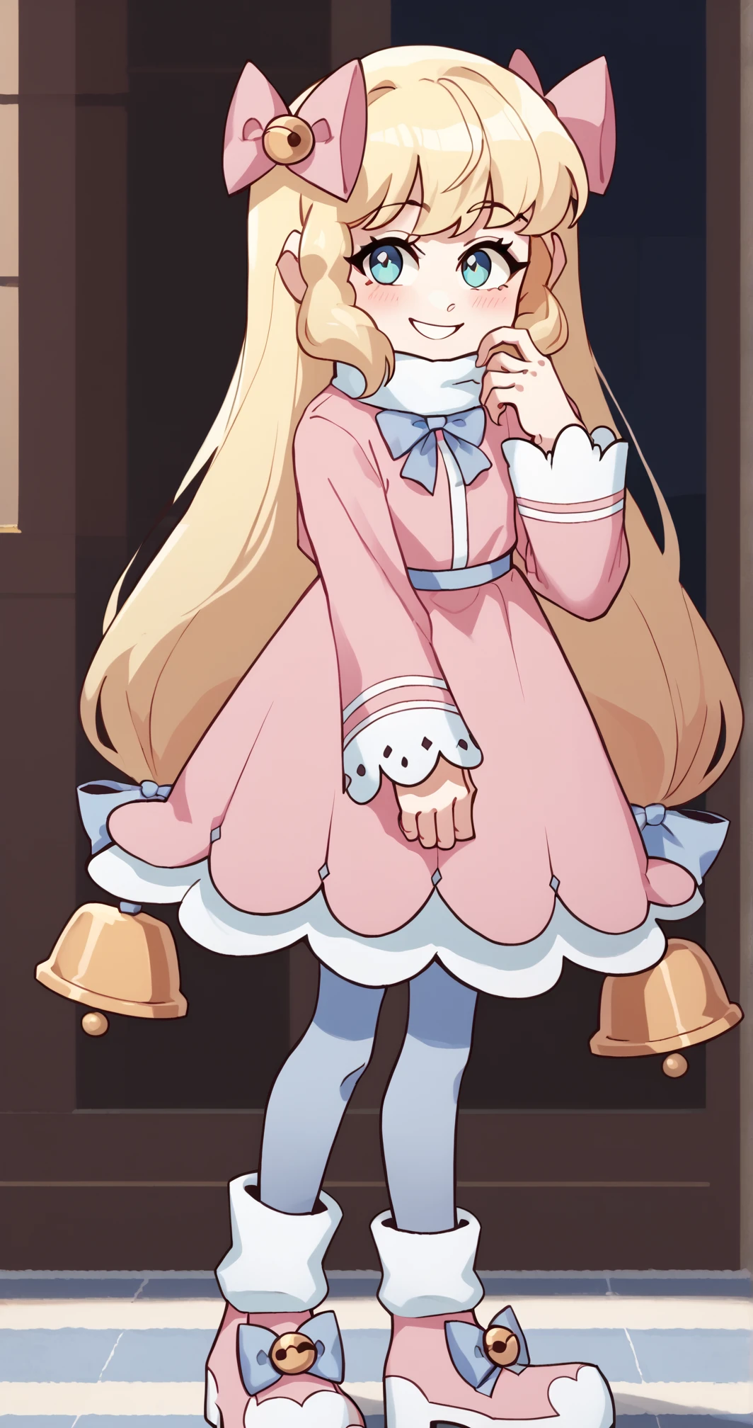 ((score_9)), score_8_up, score_7_up, high quality, masterpiece,     epitheterased, handfixer, 1girl, PhoenicaF, blonde hair, very long hair, blue eyes, Normal Phoenica, bell, hair bell, long sleeves, pink bow, blue bow, hair ornament, socks, blue thighhighs, pink footwear, pink dress , smile<lora:HandFixer_pdxl_Incrs_v1:1>,<lora:EpithetErased:0.8>,<lora:Phoenica_Fleecity:0.9>