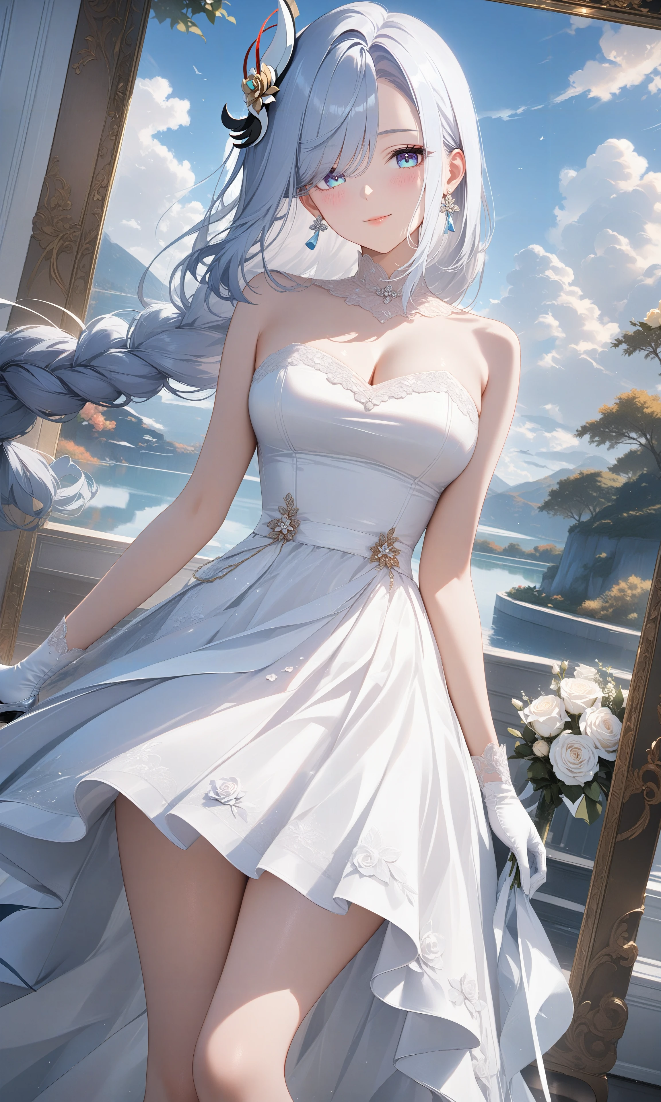 masterpiece,best quality,1girl,solo,medium breasts,
tj_shenhe,hair ornament,sliver hair,long hair,braid,
seductive pose,blush,smile,
looking at viewer,dress,holding,bare shoulders,closed mouth,standing,flower,sky,day,cloud,white gloves,black footwear,white dress,high heels,blue sky,strapless,rose,cloudy sky,white flower,reflection,bouquet,wedding dress,white rose,holding bouquet,painting (object),reflective floor,
highly detailed,ultra-high resolution,32K UHD,sharp focus,best-quality,masterpiece,unconventional supreme masterpiece,masterful details,with a high-end texture,in the style of fashion photography,Dynamic Angle,