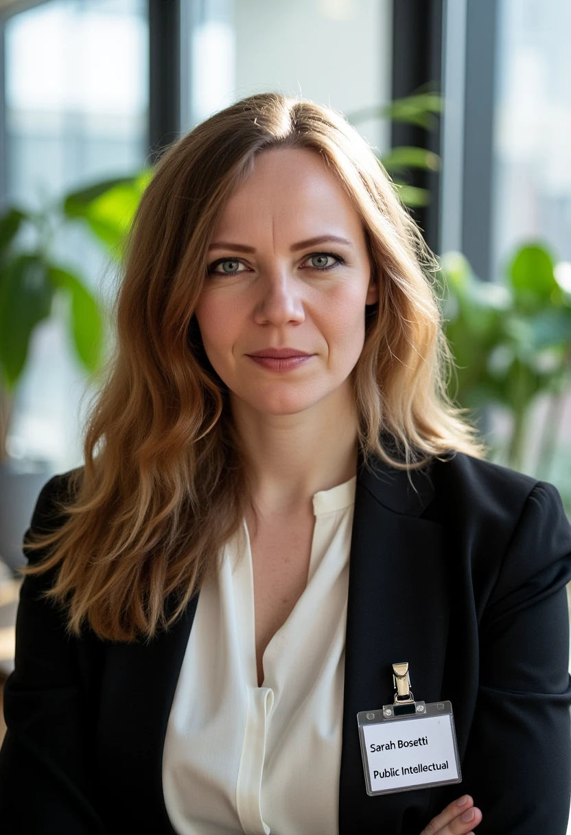 A portrait photo of sarahbosetti, a woman. She is looking straight at the viewer with a serious and stern expression on her face. Her eyebrows are drawn down. Her mouth is closed, her lips are pressed together. She is wearing a professional white shirt and a black business suit. A simple ID badge with black bold text name "Sarah Bosetti" and smaller title "Public Intellectual" is clipped to the suit jacket. The background is blurry and shows a modern office with house plants. Sunlight is shining through large windows.