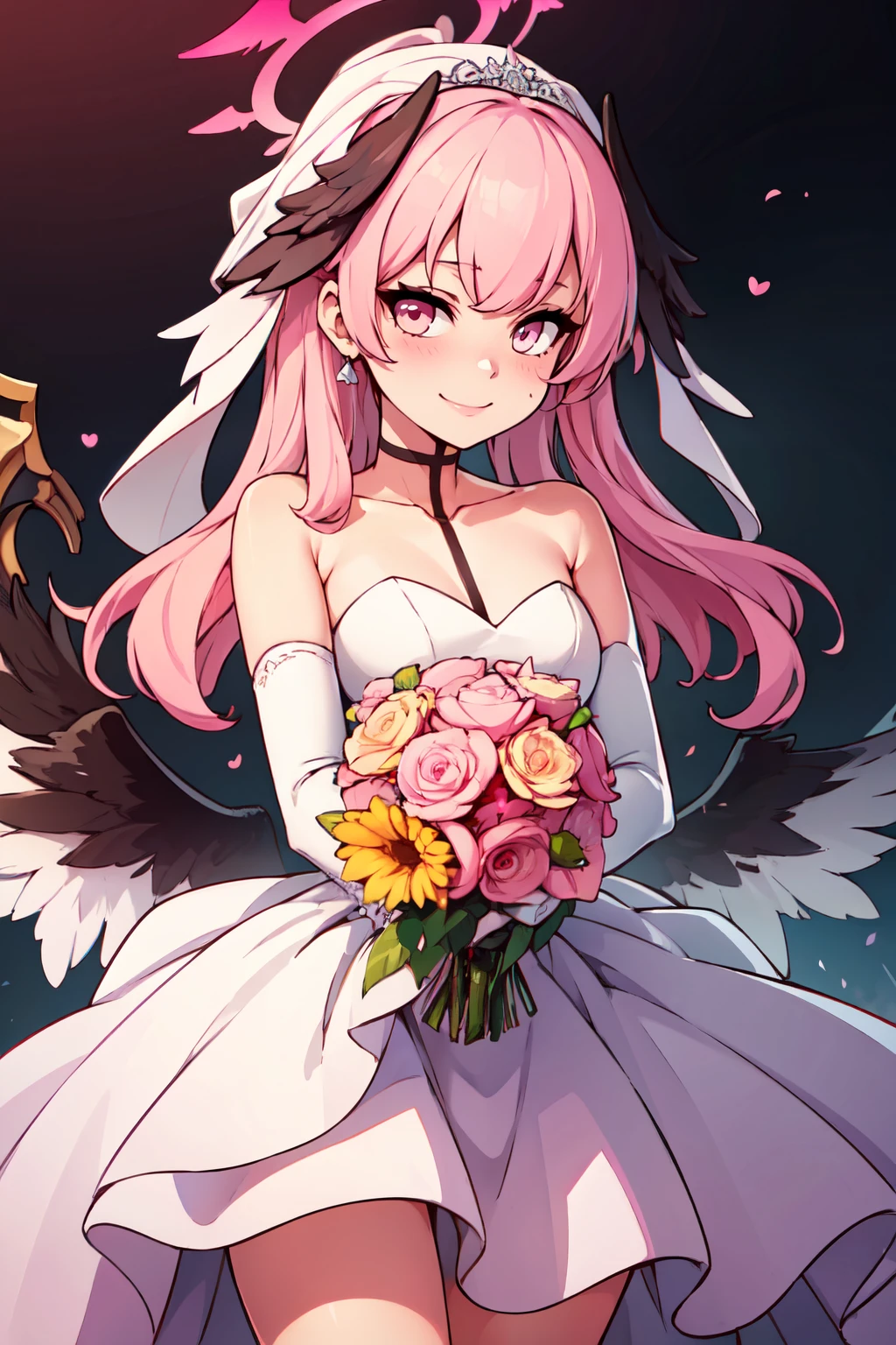 ((masterpiece,best quality)), absurdres,  BREAK, , <lora:Koharu_BlueArchive_Citron:0.8>, , zzKoharu, head wings, pink hair, halo, long hair, pink eyes, pink halo, BREAK, bride, wedding dress, bridal veil, strapless dress, elbow gloves, holding bouquet,, BREAK, solo, smile, looking at viewer, cowboy shot,