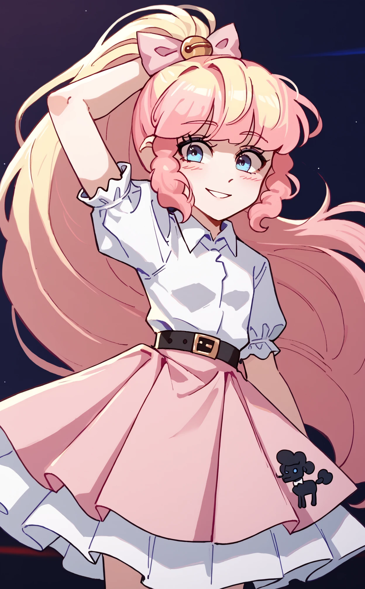 ((score_9)), score_8_up, score_7_up, high quality, masterpiece,     epitheterased, handfixer, 1girl, PhoenicaF, blonde hair, very long hair, blue eyes, ((cute)), pink hair bow,  hair bell, 50S Phoenica, Poodle Skirt, black belt, puffy sleeves, ponytail, white socks, short sleeves, pink skirt, ((dancing))<lora:HandFixer_pdxl_Incrs_v1:1>,<lora:EpithetErased:0.8>,<lora:Phoenica_Fleecity:0.9>