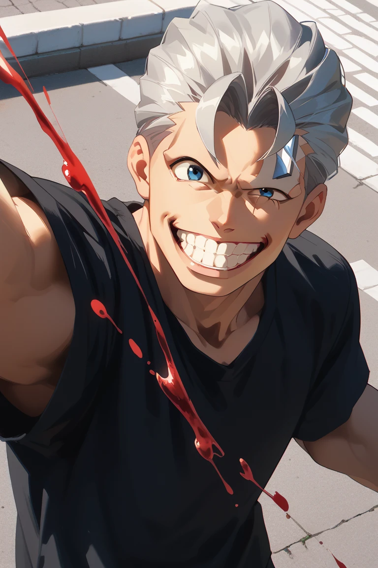 score_9, score_8_up, score_7_up, source_anime, rating_safe, day, natural lighting, male focus, selfie, outstretched arms, smiling, AndyUU, grey_Andy_slicked back hair, blue_Andy_eyes, oversized arms, teeth, grin, happy, 1boy, blurry outdoors blood, blood splatter, from above, dutch angle, intricately detailed illustration, atmospheric perspective, depth of field, realistic shading