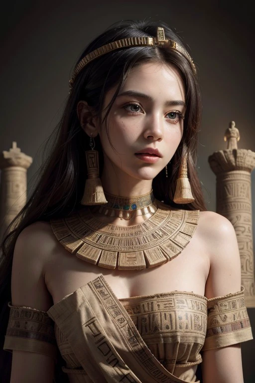 (High quality), (masterpiece), (detailed), 8K, Portrait of a woman's upper body, adorned with ancient totems. (Papyrus scrolls1.3) wrap around her, revealing ancient hieroglyphics. (Earth-toned palette1.2) evokes a sense of archaeological discovery, blending history and beauty.