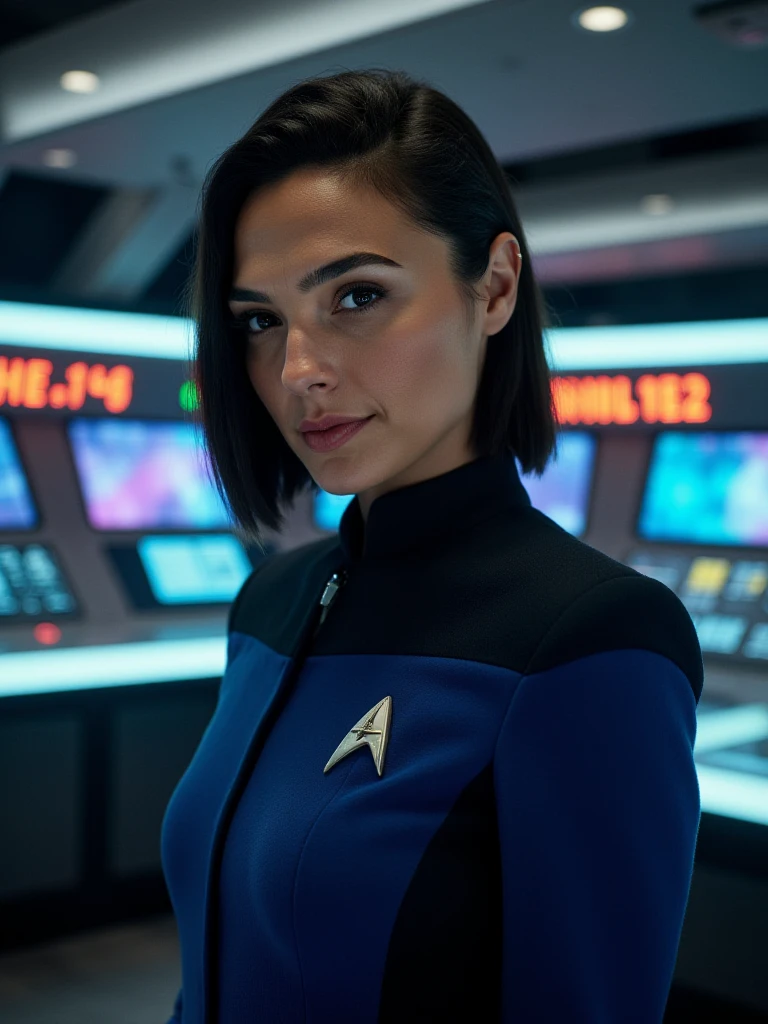 <lora:64164d0t_13F1D-000013:0.9>,(medium closeup) photograph of (beautiful 32 year old) (64164d0t:1.2) woman with dark hair,as spaceship captain,wearing blue (Star Trek NG uniform:1.1),(with vulcan pointy ears), standing on the command deck of (battle cruiser spacecraft:1.3),short dark hair in bob hairstyle, looking out into space at a nearby galaxy,(fit and muscular:1.2), glowing consoles of blinking leds and monitors,airlock in background,face focus,(bokeh),facing viewer,rich details,clear shadows and highlights,realistic,highly detailed,sfw,(no visible cleavage),