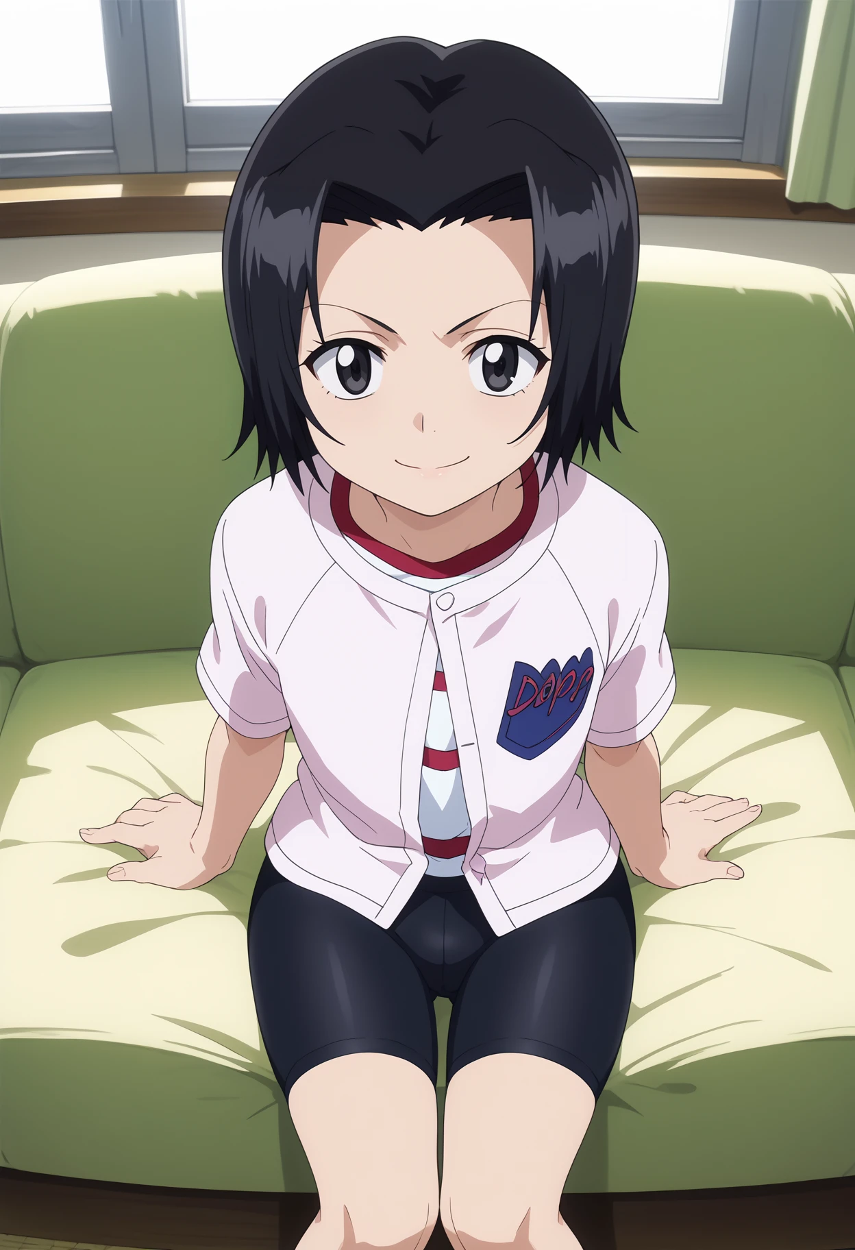 score_9, score_8_up, score_7_up, anime screencap, BREAK
1girl, karinkurosaki, black eyes, black hair, short hair,
white shirt, bike shorts,
sitting, indoors,
smile, solo, looking at viewer, bedroom background     <lora:KarinKurosakiTeenPDXL_byKonan:1>