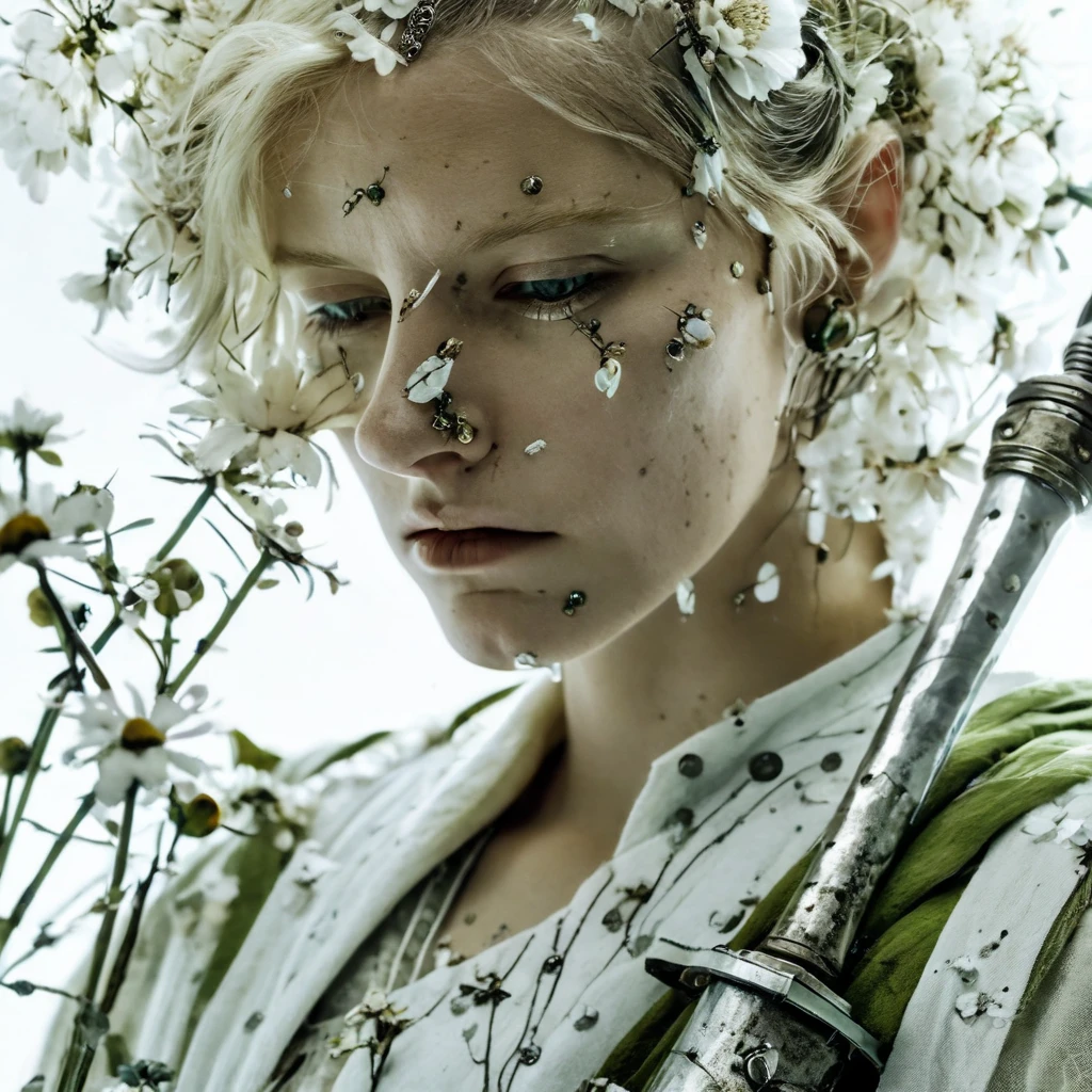 Super Closeup Portrait, action shot, Profoundly dark whitish meadow, glass flowers, Stains, space grunge style, Jeanne d'Arc wearing White Olive green used styled Cotton frock, Wielding thin silver sword, Sci-fi vibe, dirty, noisy, Vintage monk style, very detailed, best