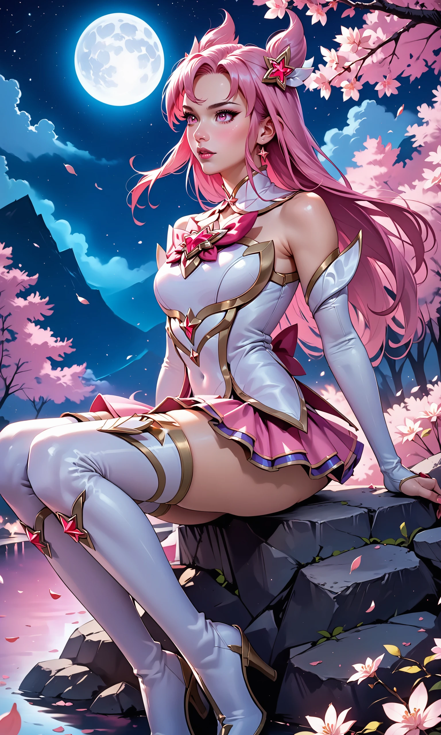 score_9, score_8_up, score_7_up, (1girl), (absurdres, ,highres), (masterpiece, best quality), (perfect details, highest detailed, extreme detailed),

,  (star guardian kaisa, thighhighs, pink hair, long hair, hair ornament, pink eyes, elbow gloves, fingerless gloves, thigh boots, pink skirt, full body), 
night, midnight, 1am, moon, high heels, cherry blossom forest, sitting on rock