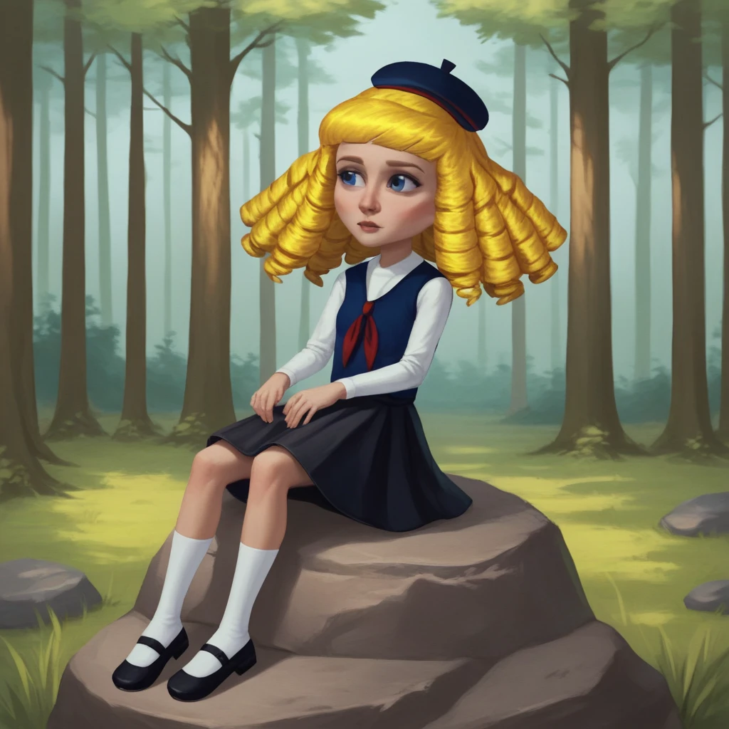 score_9_up, score_8_up, BREAK, NanetteManoir, 1girl, solo, blonde hair, drill hair, blue eyes, hat, white t-shirt, vest, long sleeves, skirt, white socks, mary janes, sitting on rock, <lora:NanetteManoir_PXL_Leaf2:1>, outdoors, forest,