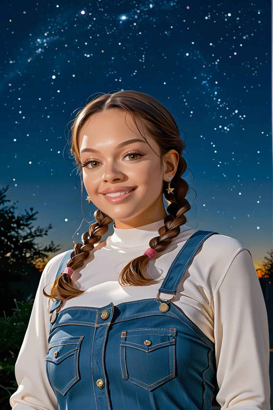 score_9, score_8_up, score_7_up, <lora:Latto_Pony:1> latto, biglatto, 1girl, solo, woman, (three-quarter shot photo of a subject in studio photography style, lit by moonlit night) showing a joyful smile expression, posed standing on hind legs, taken in under a starry night sky, inspired by the work of Joel Meyerowitz., silk blouse, high-waisted jeans, goddess braids hairstyle