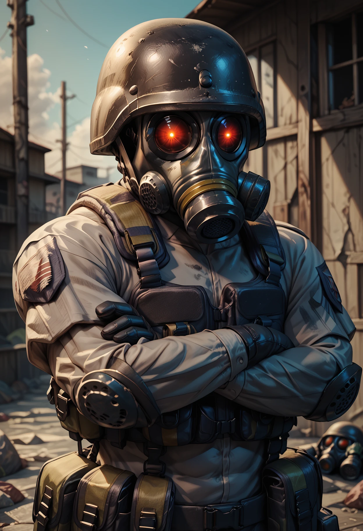 zPDXL3, score_9_up, score_8_up, score_7_up, detailed, masterpiece, high quality, best quality, digital media \(artwork\), post-apocalyptic, outside BREAK three-quarter portrait, tactical gear, military, gloves, looking at viewer, glowing, hunkre, gas mask, helmet, muscular, crossed arms <lora:detailed_notrigger:1>  <lora:HUNK_ResidentEvil_V2:0.8>  <lora:d3t41l3dXLP:0.3>