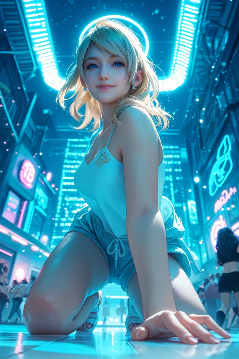 score_9, score_8_up, score_7_up,
<lora:FFLuna:0.8>
FFLuna, 1girl, blonde hair, blue eyes, looking at viewer, dancing in a empty disco floor, smiling, (from below-view), with pink and blue neon lights, at night in Tokyo, cinematic light