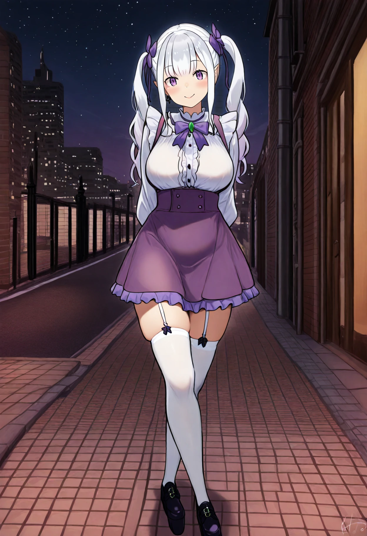 best quality, amazing quality, very aesthetic, full body, <lora:Tetto:1>, solo, 1girl, re:zero kara hajimeru isekai seikatsu, emilia \(re:zero\), white hair, long hair, alternate hairstyle, twintails, hair flower, hair bow, purple bow, purple eyes, pointy ears, large breasts, cross earrings, alternate costume, jirai kei, white shirt, puffy long sleeves, frilled shirt, frills, purple trim, purple bowtie, gem, green gemstone, purple skirt, high-waist skirt, frilled skirt, suspender skirt, suspenders, white thighhighs, skindentation, garter straps, standing, arms behind back, crossed legs, looking at viewer, blush, smile, head tilt, tareme, city, sidewalk, building, road, outdoors, night, city lights, neon lights, <lora:ChamIllustriousBackgroundEnhancer:1>, <lora:Simulacrum-v12-LUXL-LOHA-lr0005-v3:1>